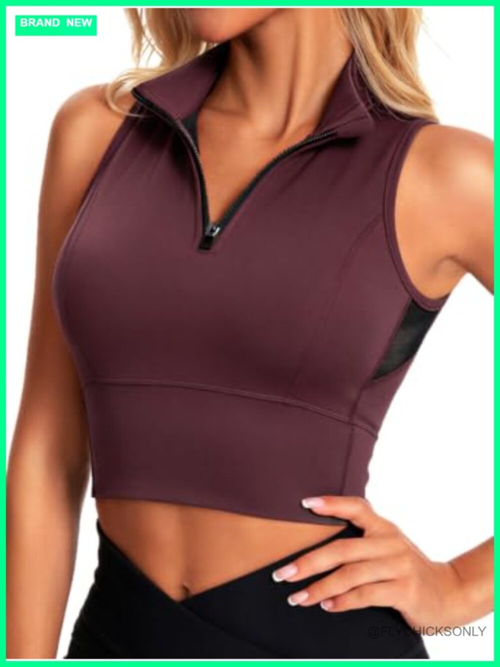 Cropped Workout Tank Top with Built in Bra Half Zip Nylon 66 Lycra